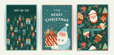 Illustration for Set of Christmas and Happy New Year cards. Cute bright illustrations witn New Year symbols.. Vector design templates. - Royalty Free Image