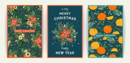 Ilustración de Conjunto de tarjetas de Navidad y Feliz Año Nuevo. Lindas ilustraciones brillantes con símbolos de Año Nuevo.. Plantillas de diseño vectorial. - Imagen libre de derechos