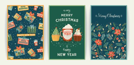 Illustration for Set of Christmas and Happy New Year cards. Cute bright illustrations witn New Year symbols.. Vector design templates. - Royalty Free Image