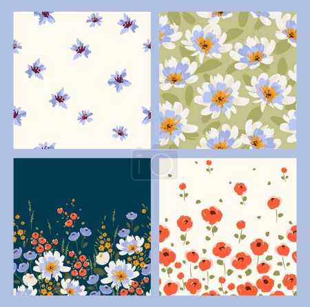 Téléchargez les illustrations : Floral seamless patterns and borders. Vector design for paper, cover, fabric, interior decor and other use - en licence libre de droit