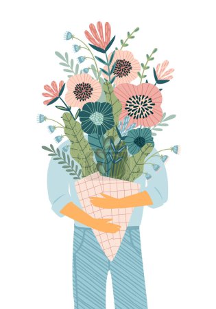 Illustration for Isolated illustration of man with bouquet of flowers. Vector design concept for Valentines Day and other use. - Royalty Free Image