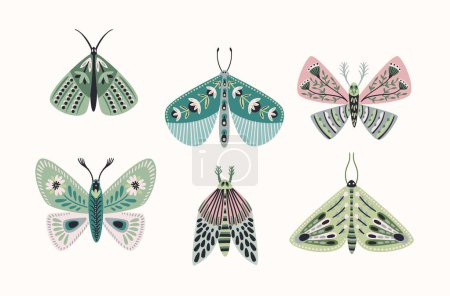 Téléchargez les illustrations : Set of abstract butterflies and moths. Clipart, isolated elements. Vector illustrations. - en licence libre de droit