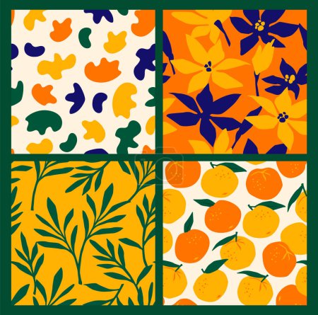 Illustration for Simple seamless patterns with abstract flowers and oranges. Modern design for paper, cover, fabric, interior decor and other users. - Royalty Free Image