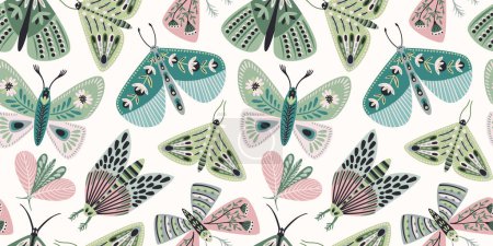 Téléchargez les illustrations : Abstract floral seamless pattern with butterflies and moths. Modern exotic design for paper, cover, fabric, interior decor and other use. - en licence libre de droit