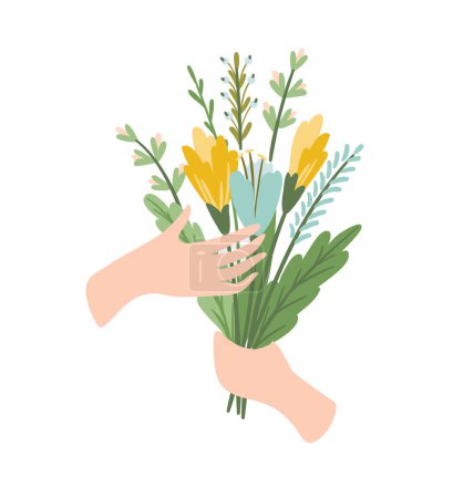 Illustration for Isolated llustration bouquet of flowers in hand. Vector design concept for Valentines Day and other use. - Royalty Free Image