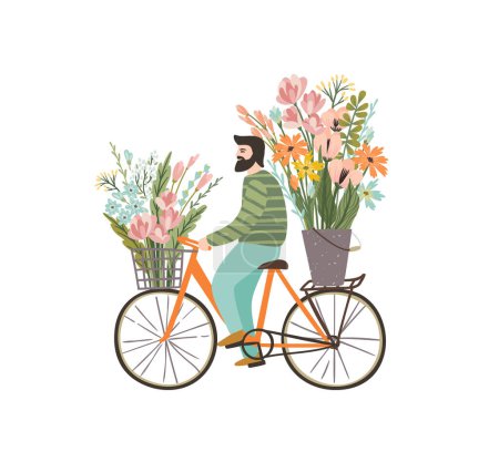 Ilustración de Romantic illustration with cute man and flowers. Love, love story, relationship. Vector design concept for Valentines Day and other use. - Imagen libre de derechos