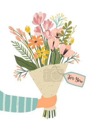 Téléchargez les illustrations : Isolated llustration bouquet of flowers in hand. Vector design concept for Valentines Day and other use. - en licence libre de droit