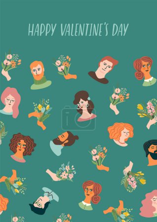 Téléchargez les illustrations : Romantic illustration with cute young women and men in love. Love story, relationship. Vector design concept for Valentines Day and other use - en licence libre de droit