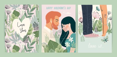 Téléchargez les illustrations : Set of Romantic illustrations. Man and woman. Love, love story, relationship. Vector design concept for Valentines Day and other use. - en licence libre de droit