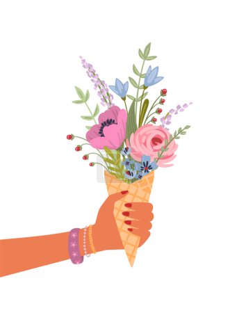 Illustration for Isolated llustration bouquet of flowers in female hand. Vector design concept for holyday and other use. - Royalty Free Image