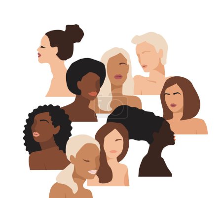 Illustration for Isolated vector illustration of abstract women with different skin colors. Struggle for freedom, independence, equality. Concept for International Womens Day and other use - Royalty Free Image
