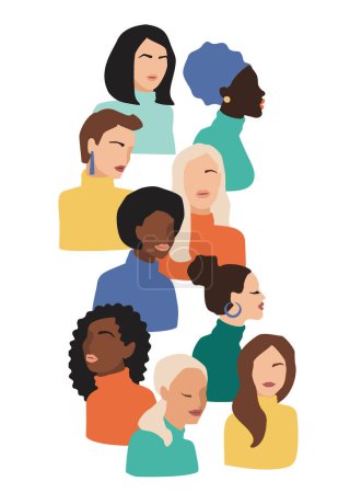 Ilustración de Isolated vector illustration of abstract women with different skin colors. Struggle for freedom, independence, equality. Concept for International Womens Day and other use - Imagen libre de derechos
