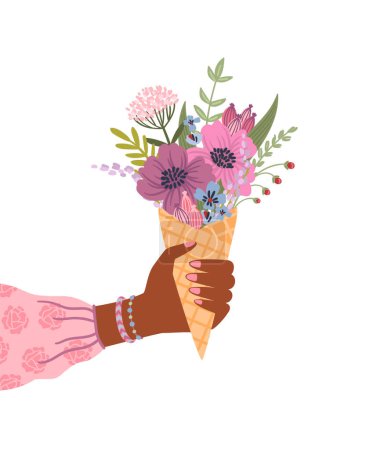 Illustration for Isolated llustration bouquet of flowers in female hand. Vector design concept for holyday and other use. - Royalty Free Image