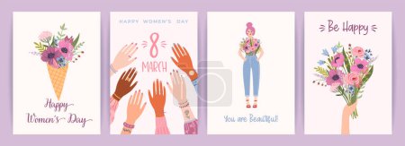 Téléchargez les illustrations : Cards with cute female illustrations. Vector set for Happy Womens Day, 8 march and other use. - en licence libre de droit