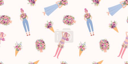 Ilustración de Seamless pattern with cute women. Vector design concept for Happy Women s Day and other use - Imagen libre de derechos