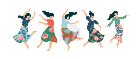 Téléchargez les illustrations : Vector isolated illustration of cute dancing women. Happyl Women s Day concept for card, poster, banner and other use - en licence libre de droit