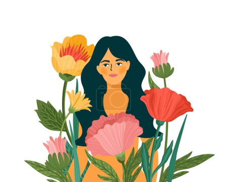 Ilustración de Vector isolated illustration of cute woman with flowers. International Women s Day concept for card, poster, flyer and other use - Imagen libre de derechos