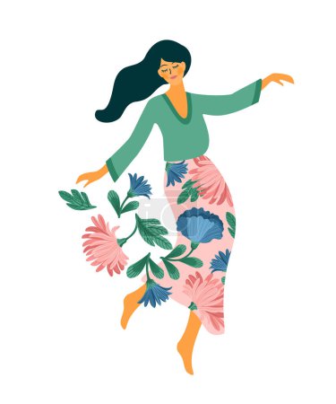 Téléchargez les illustrations : Vector isolated illustration of cute dancing woman. Happy Women s Day concept for card, poster, banner and other use - en licence libre de droit