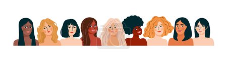 Isolated vector illustration of abstract women with different skin colors. Struggle for freedom, independence, equality. Concept for International Womens Day and other use