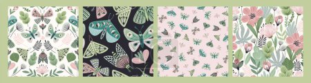 Téléchargez les illustrations : Abstract floral seamless patterns with butterflies and moths. Modern exotic design for paper, cover, fabric, interior decor and other use. - en licence libre de droit