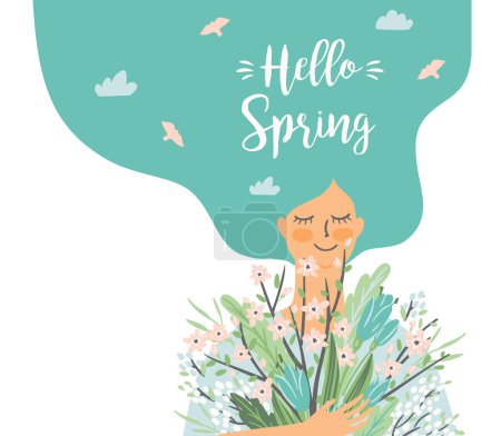 Téléchargez les illustrations : Vector isolated illustration of woman with spring bouquet . Design for poster, card, invitation, placard, brochure, flyer and other use - en licence libre de droit