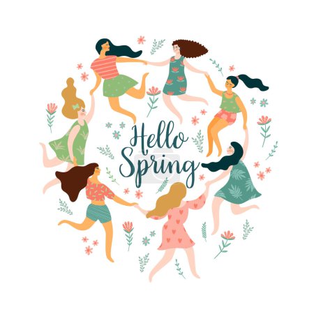 Illustration for Hello Spring. Isolated illustration with women. Vector design for poster, card, invitation, placard, brochure, flyer and other use - Royalty Free Image