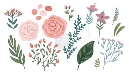 Ilustración de Set of floral design elements. Leaves, flowers, grass, branches Vector illustrations - Imagen libre de derechos