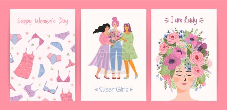 Ilustración de Cards with cute female illustrations. Vector set for Happy Womens Day, 8 march and other use. - Imagen libre de derechos