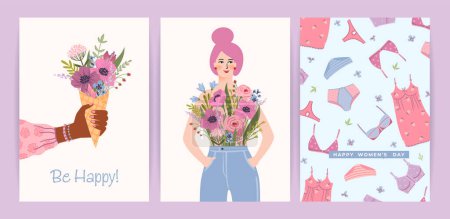 Ilustración de Cards with cute female illustrations. Vector set for Happy Womens Day, 8 march and other use. - Imagen libre de derechos