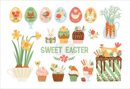 Téléchargez les illustrations : Easter isolated illustrations. Cupcake, cake, dessert with easter symbols. Vector design templates. - en licence libre de droit