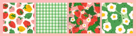 Téléchargez les illustrations : Floral seamless patterns with Strawberry. Vector abstract design for paper, cover, fabric, interior decor and other use - en licence libre de droit