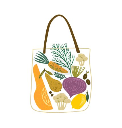 Téléchargez les illustrations : Illustration vectorielle de fruits et légumes dans un sac. Une nourriture saine. Élément isolé pour la conception - en licence libre de droit