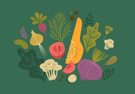 Téléchargez les illustrations : Illustration vectorielle des fruits et légumes. Une nourriture saine. Conception d'éléments isolés - en licence libre de droit