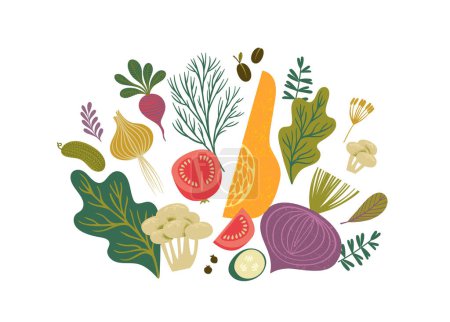 Ilustración de Ilustración vectorial de frutas y verduras. Comida saludable. Diseño de elementos aislados - Imagen libre de derechos