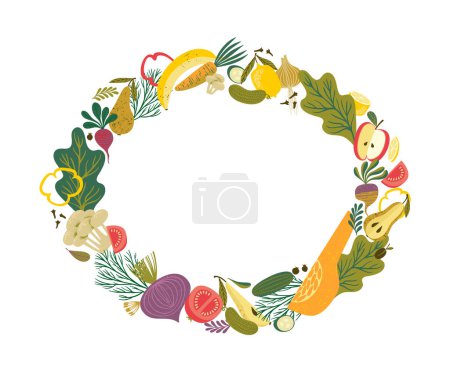 Téléchargez les illustrations : Cadre vectoriel avec fruits et légumes. Illustration des aliments sains. Conception d'éléments isolés - en licence libre de droit