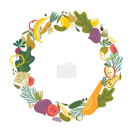Ilustración de Marco vectorial con frutas y verduras. Ilustración de alimentos saludables. Diseño de elementos aislados - Imagen libre de derechos