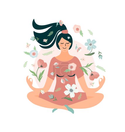 Ilustración de Mujer meditando. Auto cuidado, amor propio, armonía. Diseño aislado. - Imagen libre de derechos