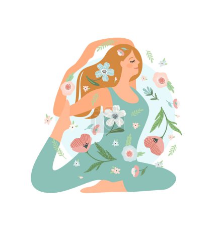 Ilustración de Mujer haciendo yoga.Self cuidado, amor propio, armonía. Diseño aislado. - Imagen libre de derechos