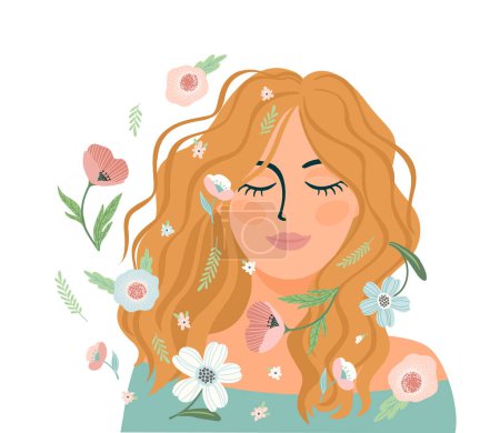 Retrato de linda chica con flores. Auto cuidado, amor propio, armonía. Diseño aislado.