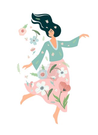 Ilustración de Mujer baila con flores. Cuidado de sí mismo, amor propio, armonía. Diseño aislado. - Imagen libre de derechos