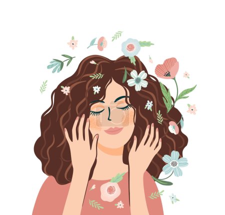 Illustration for Portrait of cute girl with flowers. Self care, self love, harmony. Isolated design. - Royalty Free Image