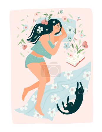 Illustration for Pretty woman sleeping in bed. Self care, self love, harmony. Isolated design. - Royalty Free Image