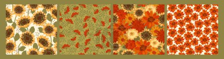 Illustration for Floral seamless patterns with autumn flowers, leaves and berries. Vector background for various surface. Hand drawn textures. - Royalty Free Image