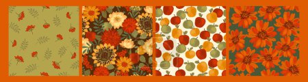 Illustration for Floral seamless patterns with autumn flowers, leaves and apples. Vector background for various surface. Hand drawn textures. - Royalty Free Image