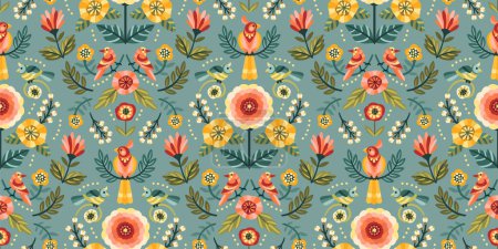 Illustration for Folk floral seamless pattern with birds. Modern abstract design for paper, cover, fabric, pacing and other use - Royalty Free Image