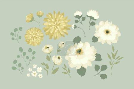 Conjunto de elementos abstractos de diseño floral. Hojas, flores, hierba, ramas. ilustraciones vectoriales