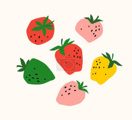 Téléchargez les illustrations : Ensemble de fraises dessinées. Illustration vectorielle. Eléments isolés pour la conception - en licence libre de droit