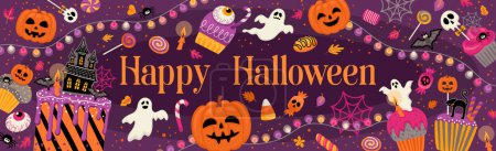 Illustration for Halloween illustration. Decorated cupcakes, muffins, pastries sweets candies Vector template for banner, card, poster, web and other use - Royalty Free Image