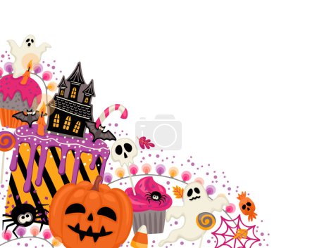 Téléchargez les illustrations : Illustration Halloween. cupcakes décorés, muffins, pâtisseries bonbons bonbons Modèle vectoriel pour bannière, carte, affiche, toile et autre utilisation - en licence libre de droit