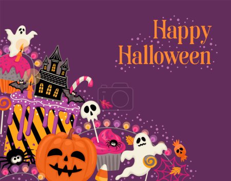 Illustration for Halloween illustration. Decorated cupcakes, muffins, pastries sweets candies Vector template for banner, card, poster, web and other use - Royalty Free Image
